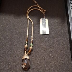 Napier Gold-Tone Necklace with Smoky Brown Faceted Pendant and Green Accents